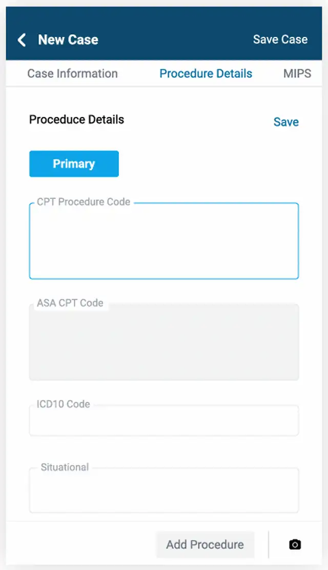 An anesthesiologist logs a case on a phone: procedure details, a CPT search for 29885, the ASA CPT code, the ICD10 code and the procedure type