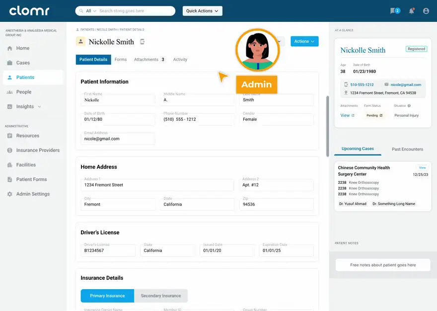 The finished patient record in Clomr: demographics, home address, driver&rsquo;s licence, insurance details and the upcoming cases